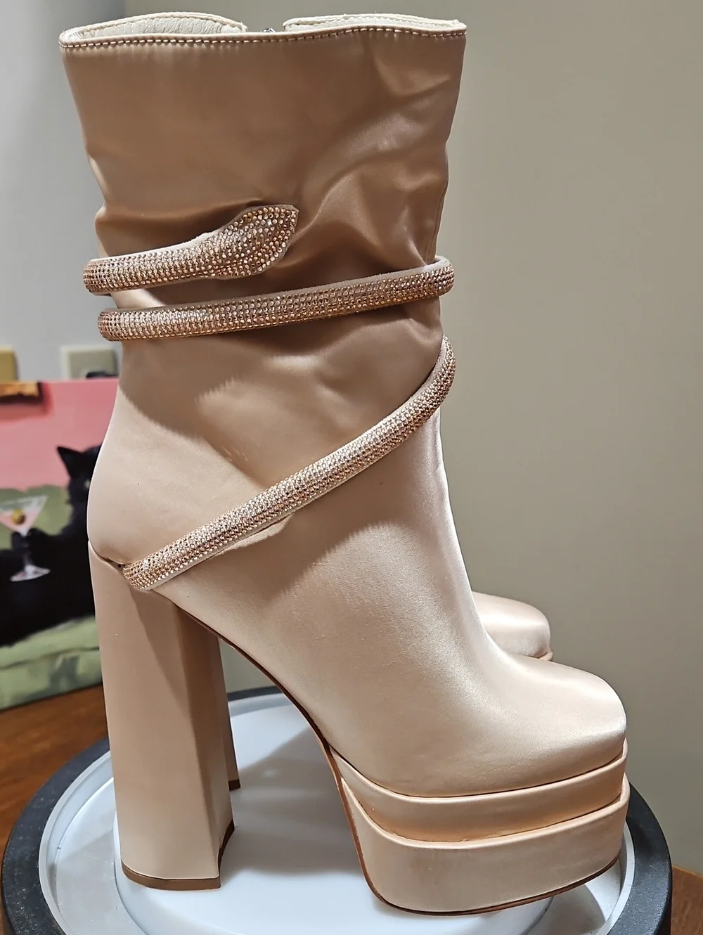 Vivianly Champagne Nude Platform Ankle Boots with Rhinestone Wrap
